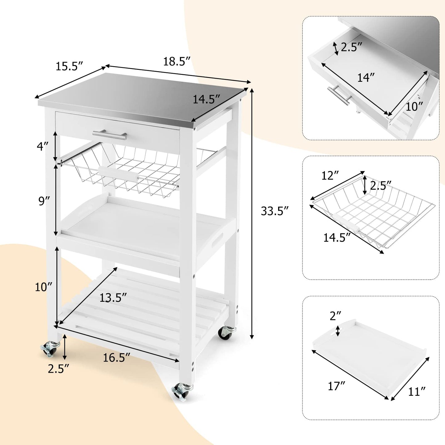 GOFLAME Kitchen Island Cart with Drawer, Rolling Kitchen Cart on Wheels with Stainless Steel Countertop, Metal Basket, Serving Tray, Lockable Casters, Utility Trolley Cart for Dining Room, White