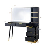 LUXOAK 54" Tall Vanity Desk with 35" W x 24" H Large Mirror and Lights, Large Makeup Vanity Table with 5 Drawers, 3 Shelves and Charging Station, Glass Top Desk for Bedroom, Dressing Room, Black LUXOAK
