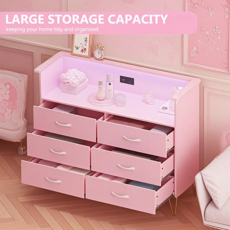 Dresser for Bedroom with Charging Station and LED Lights, Storage Organizer with 6 Drawers Wooden, Chest of Drawers for Living Room, Closet, Bedroom, Guest Room, Hallway Entryway Takywep