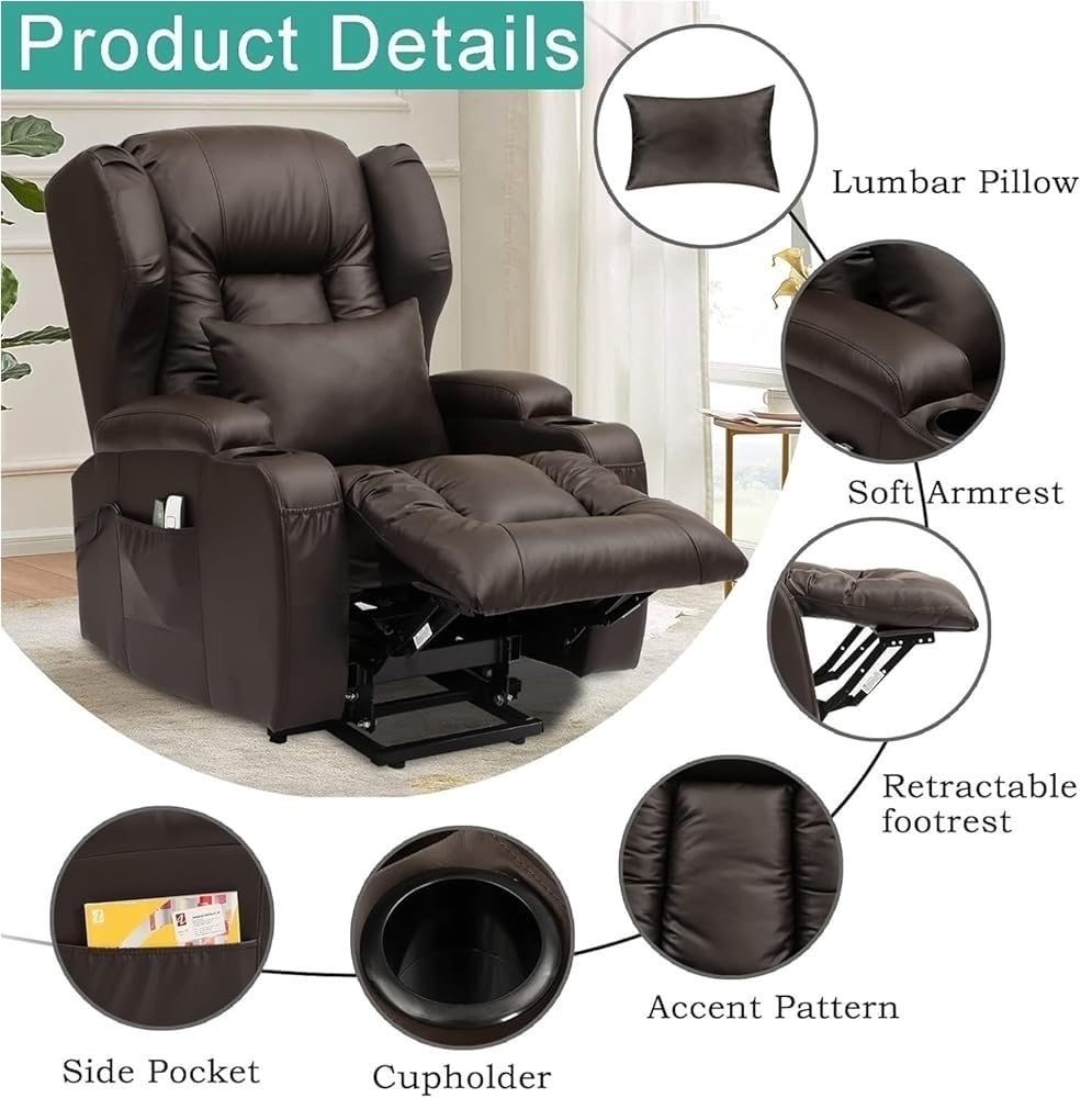 SDKOLPBNMZX Wall Hugger Electric Lift Recliner Chair with Heat & Massage for Elderly Genuine Leather Adjustable Recliner Sofa Lay Flat Living Room Comfort SDKOLPBNMZX