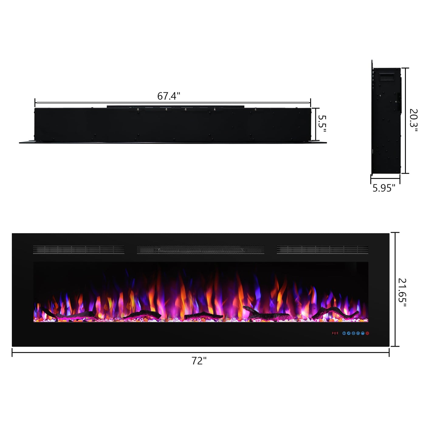 Valuxhome 72in Smart App Electric Fireplace,Recessed & Wall-Mount, Logset & Crystal,Decoration,Remote Control, 750/1500W,Black,Overheating Protection,62-86°F,Hard-Wire