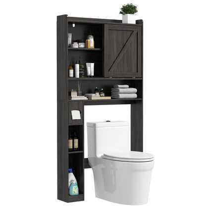 LINLUX Over The Toilet Storage Cabinet with 2 Sliding Barn Doors, Farmhouse Storage Cabinet Over Toilet with Paper Holder Stand, Home Space-Saving Toilet Rack for Bathroom, Laundry, Grey