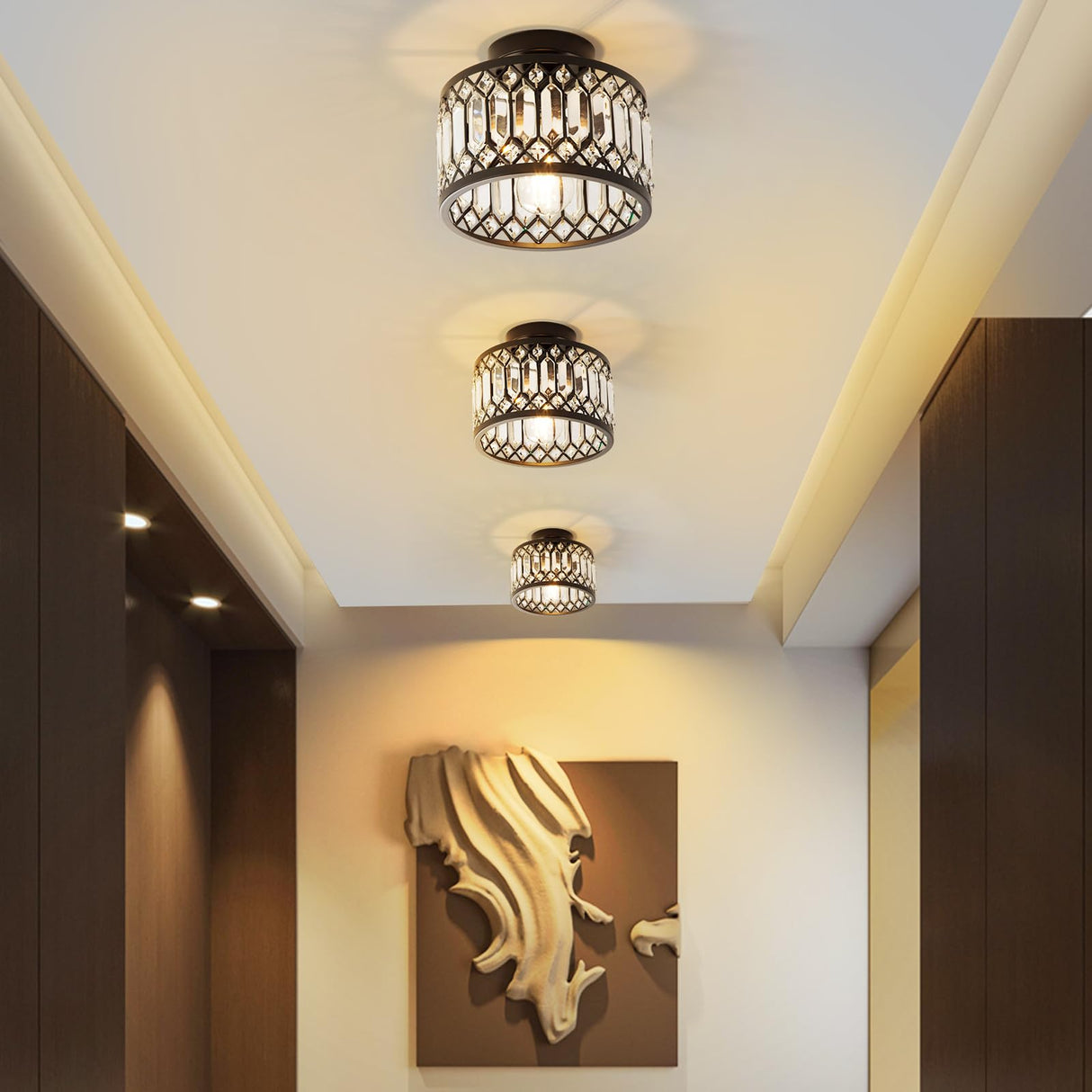 WimiSom Black Crystal Ceiling Light, Modern Semi Flush Mount Ceiling Lighting Fixture, Hand Woven Flush Mount Ceiling Light for Hallway, Bedroom, Kitchen, entryway, Living Room WimiSom