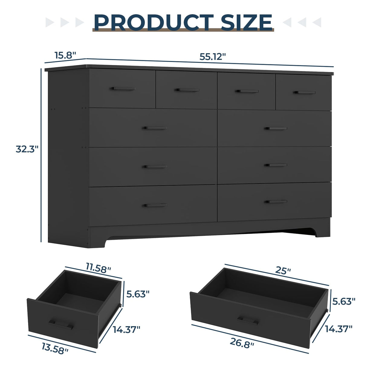 DICTAC Black Dresser for Bedroom with 10 Drawers, Large Chest of Drawers Storage Organizer, Long Dresser TV Stand with Power Outlets, Wide Dressers for Bedroom, Living Room 55.1" W x 32.3" H x 15.8" D DICTAC