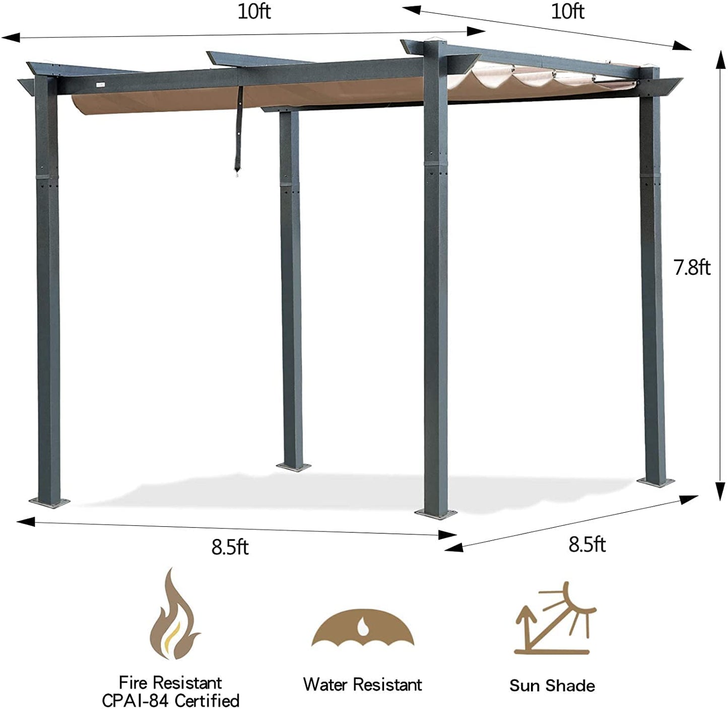 Domi 10' X 10' Outdoor Retractable Pergola with Weather-Resistant Canopy, Aluminum Patio Pergola Gazebo for BBQ, Party, Beach, Backyard, Deck, Garden