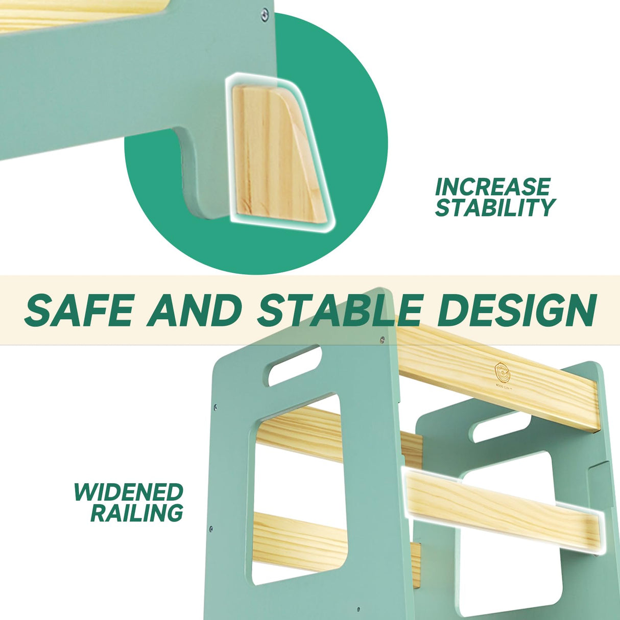 WOOD CITY Kitchen Step Stool - Safe Montessori Standing Tower for Kids with Safety Rail, Height Adjustable Toddler Ideal Helper for Learning New Skills, Anti-Slip Protection for Bathroom - Green… WOOD CITY
