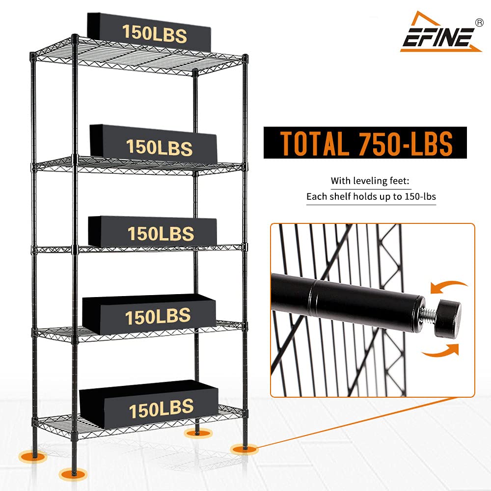 EFINE 5-Shelf Shelving Unit with Shelf Liners Set of 5, Adjustable, Steel Wire Shelves, 150lbs Loading Capacity Per Shelf and Storage for Kitchen and Garage (30W x 14D x 60H) Black Catalina Creations