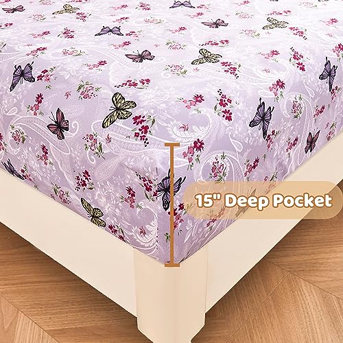 Softan Floral Twin Size Sheet Set, Purple Paisley Flower Printed Sheets for Kids Girls, Brushed Microfiber Fitted Sheet with 15" Deep Pocket & Non-Slip Straps, Butterfly Patterned Sheets Softan
