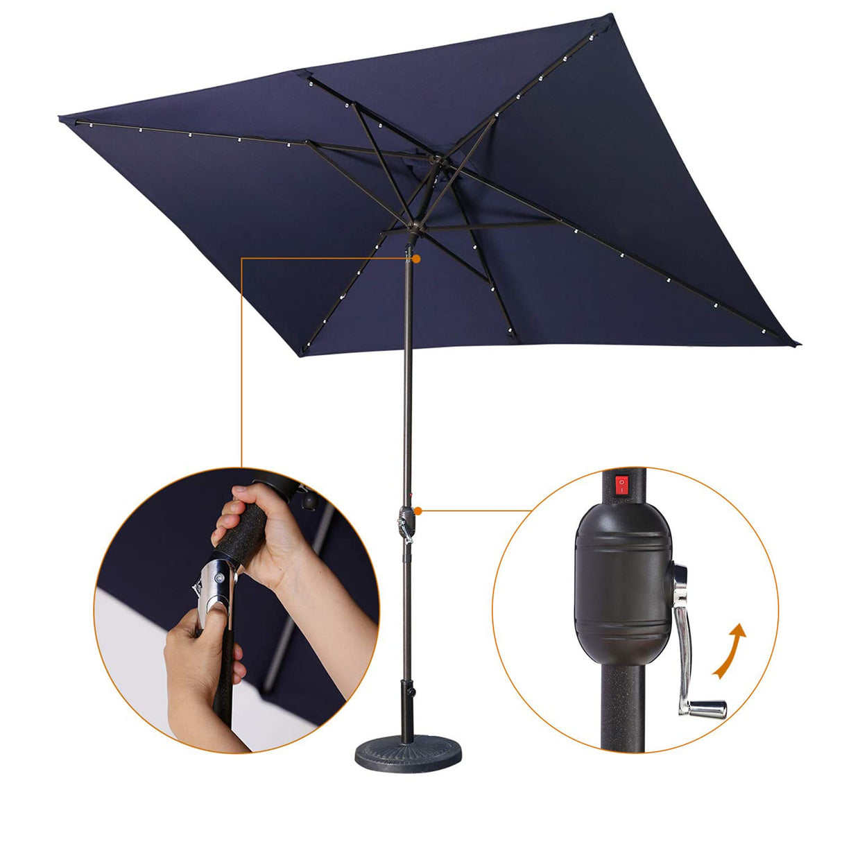 Aok Garden 6.5FT × 10FT Solar LED Lighted Patio Umbrella with Push Button Tilt and Sturdy Aluminum Ribs for Deck Lawn Pool & Backyard - Dark Blue Aok Garden