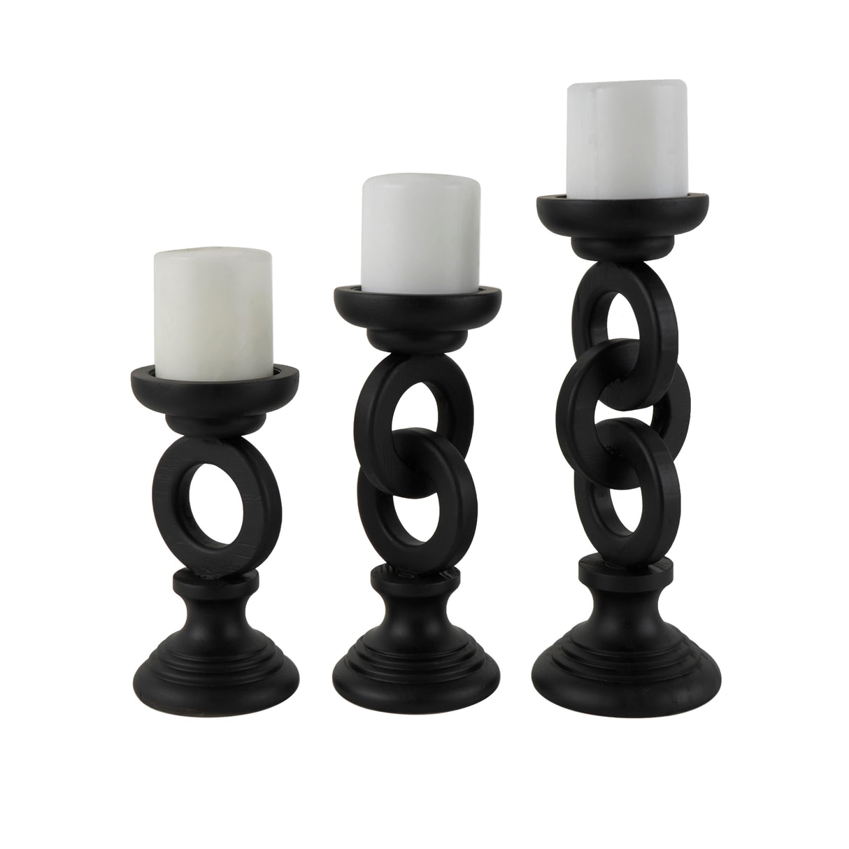 Deco 79 Wooden Decorative Candle Holder Chain Link Candle Stand, Set of 3 Candlestick Holder 13", 11", 9" H, Black Deco 79