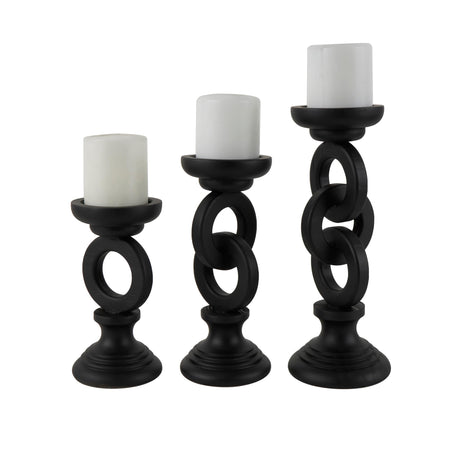 Deco 79 Wooden Decorative Candle Holder Chain Link Candle Stand, Set of 3 Candlestick Holder 13", 11", 9" H, Black Deco 79