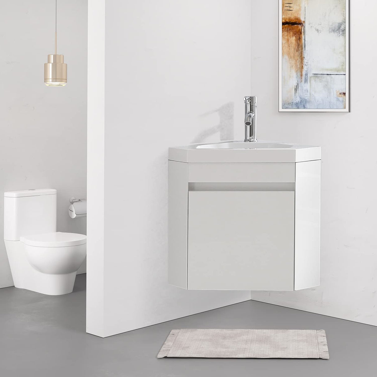 wonline 16" Corner Bathroom Vanity Sink Combo for Small Space Wall Mounted Cabinet Set Design White Resin Basin Sink Top Chrome Faucet and Drain wonline