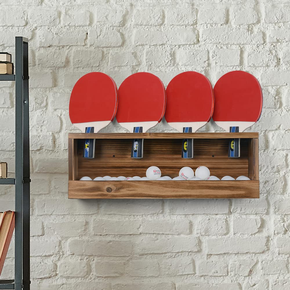 Ping Pong Paddle Storage Rack Table Tennis Racket Display Wall Mounted Holder for 4 Paddles and Balls Storage in Bar Room, Game Room, Office Break Room, Garage, Bedroom, Home, Rustic Burnt Sunix