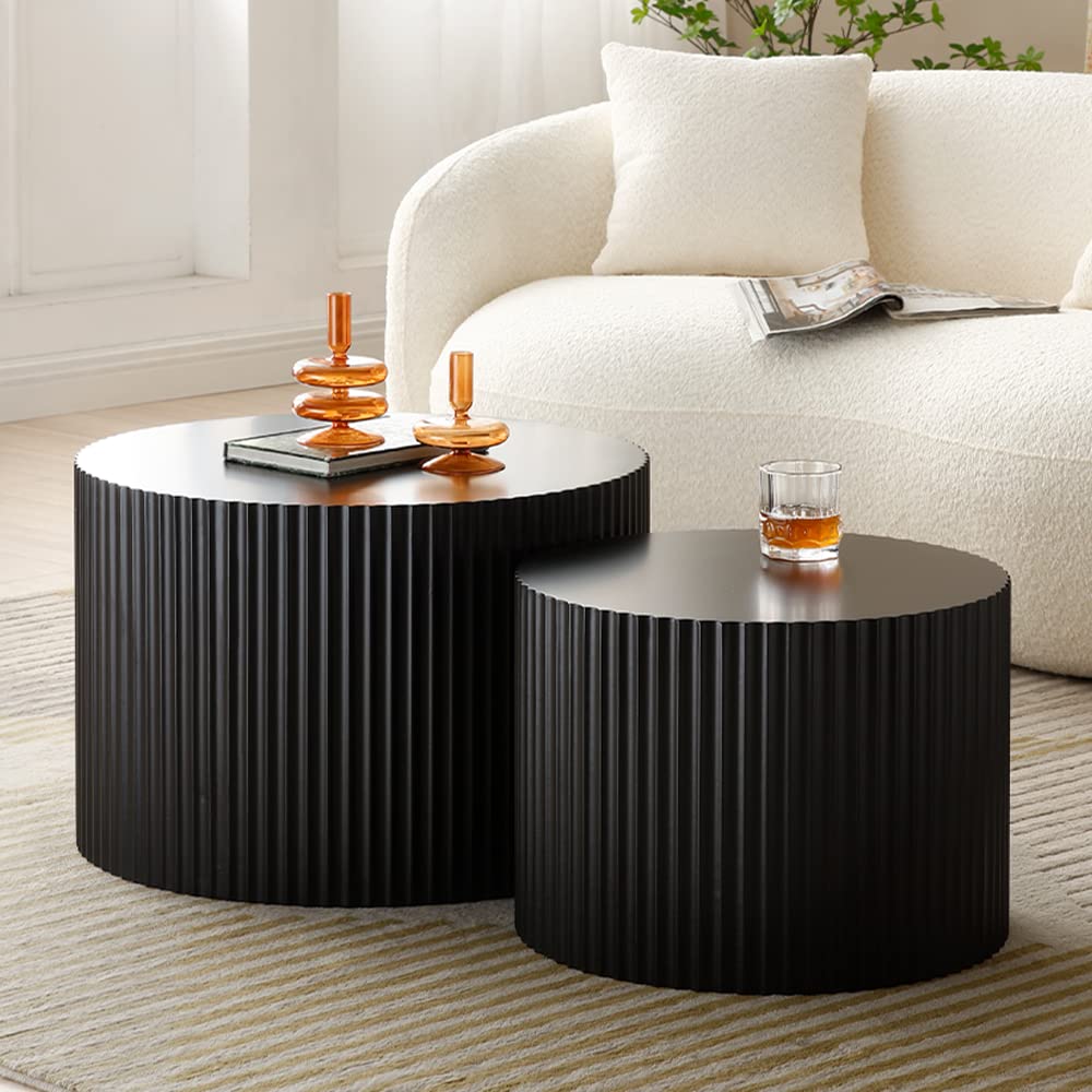 WILLIAMSPACE Black Round Coffee Table Set of 2, Nesting Coffee Tables for Living Room, Modern Wooden Side Tables Accent End Table for Apartment, No Need Assembly (Black-Round) WILLIAMSPACE