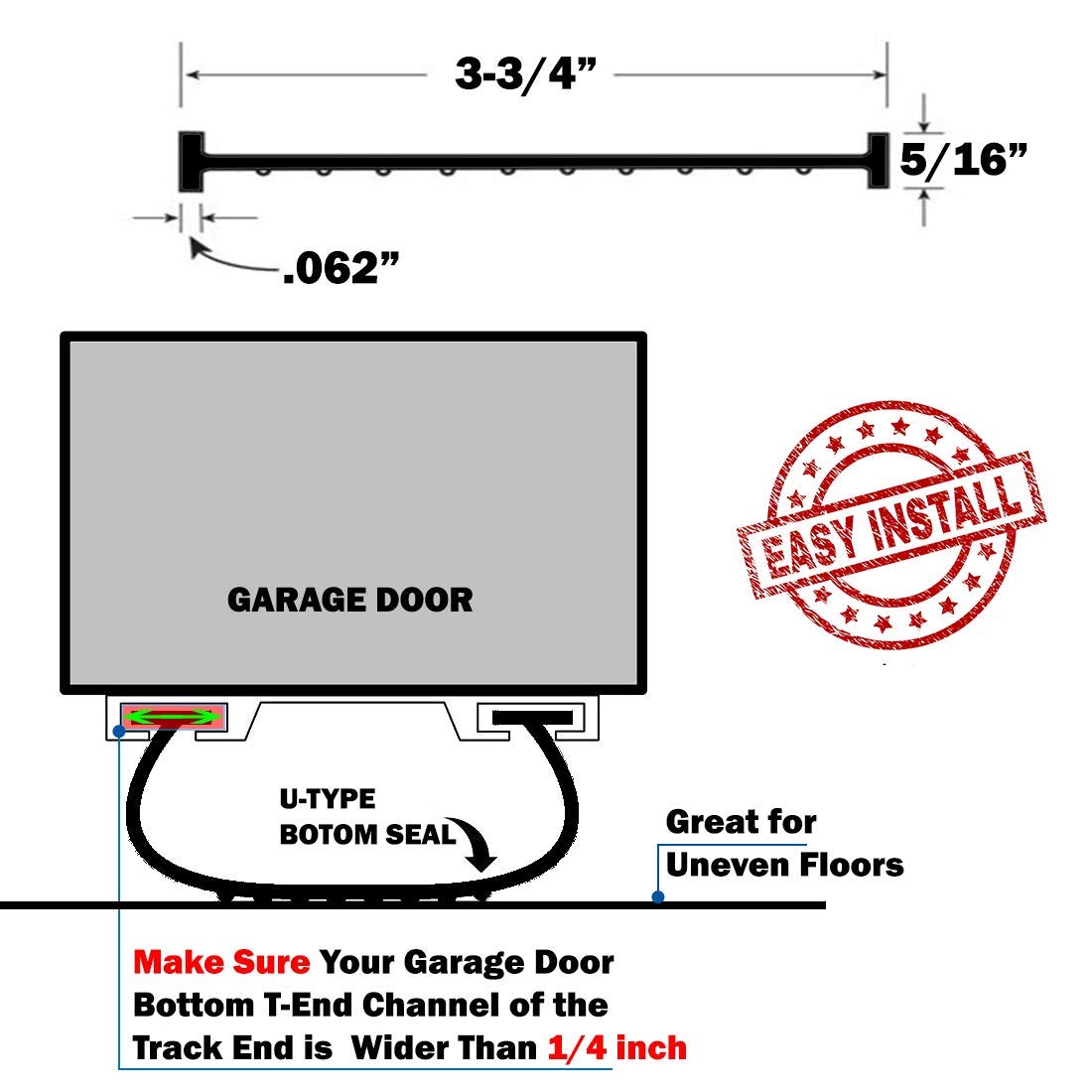 Garage Door Bottom Weather Seal T-Ends 20' Long, Black Strip with T-Ends size 5/16 to 1/4" | Garage Rubber Seal Replacement T-Style Match Amarr/Clopay (2.75"-3" Width Flat) HOOIMA