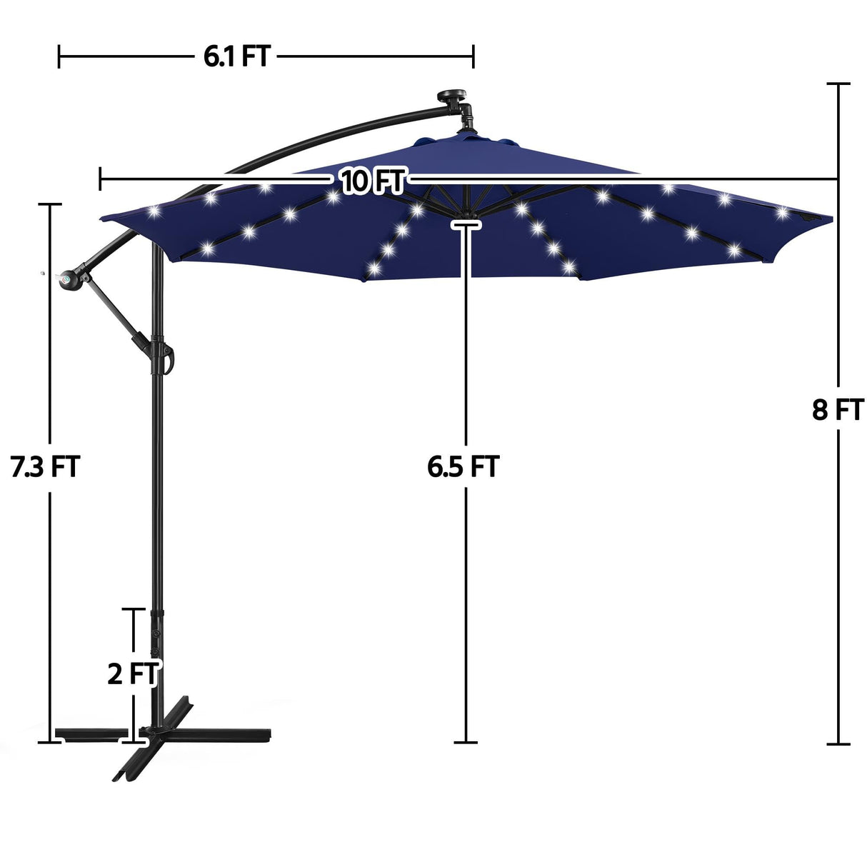 Yaheetech 10FT Solar Offset Umbrella with 32 LED Lights Cantilever Hanging Outdoor Umbrellas Handy Crank & Cross Base for Lawn/Deck/Backyard/Pool Navy Blue Yaheetech
