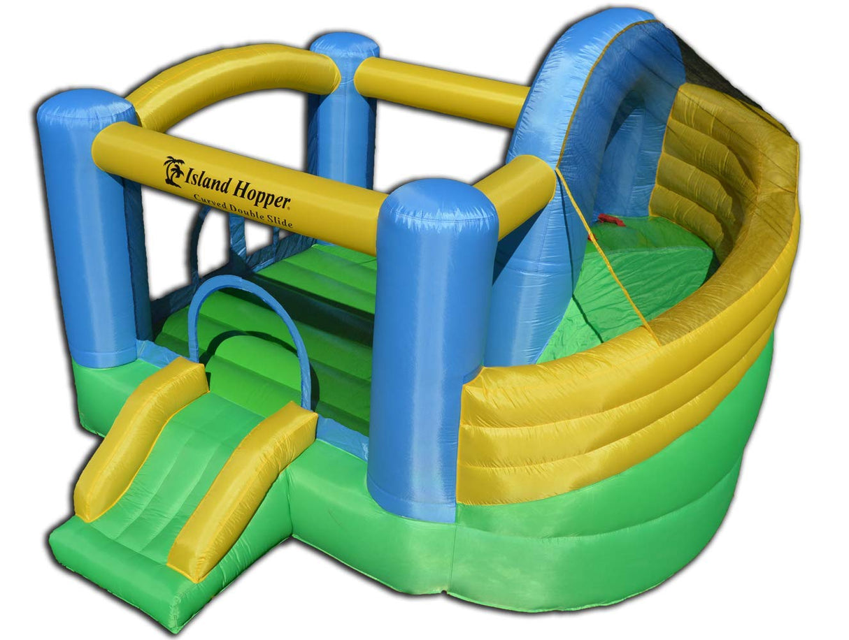 Island Hopper Curved Double Slide Recreational Kids Bounce House with Safe Return Curved Slide and Climbing Wall Island Hopper