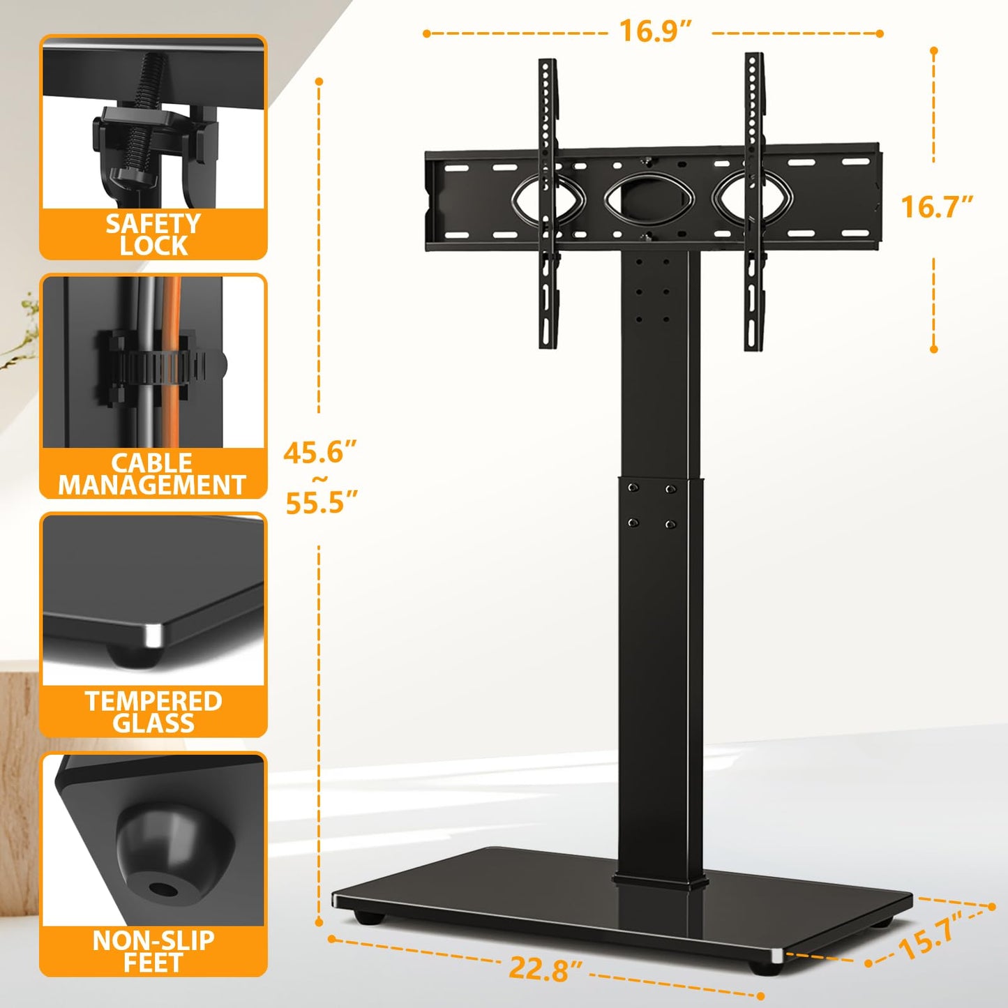 TAVR Universal Floor TV Stand Base for 32-74 Inch TVs up to 110 Lbs with Swivel Height Adjustable Mount, Black Tempered Glass Base for Media Storage and Space Saving