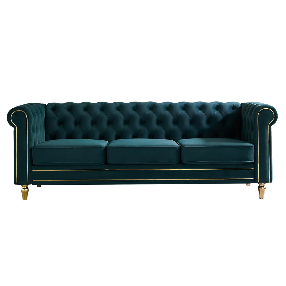 Homtique 84" Modern Green Velvet Chesterfield Sofa, 3-Seater, Button Tufted, Rolled Arms, Gold Legs Homtique