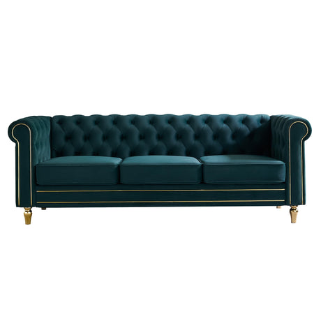 Homtique 84" Modern Green Velvet Chesterfield Sofa, 3-Seater, Button Tufted, Rolled Arms, Gold Legs Homtique