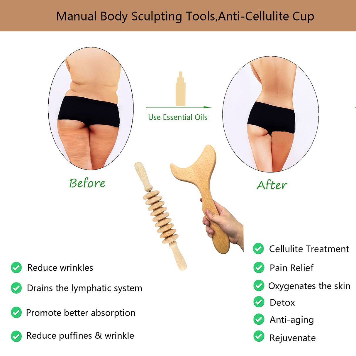 Wood Therapy Massage Tools Wooden Gua Sha Kits Maderoterapia Kit Body Sculpting Tools Wood Massager Roller for Relax Muscles (2) WYJTPONE