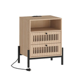 Vabches Fluted Nightstand with Charging Station and USB Ports, End Table with 2 Storage Drawers and Open Shelf, Sofa Side Table for Bedroom, Living Room, Set of 1 Vabches