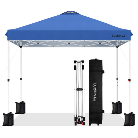 LuckIn 10×10 Pop Up Canopy Tent, Patented One Push Instant Canopy with Wheeled Carry Bag, Heavy Duty Shade Tent for Outdoor, Includes 150D Silver Coated Cover, 8 Stakes, 4 Ropes, 4 Weight Bags, Blue LuckIn