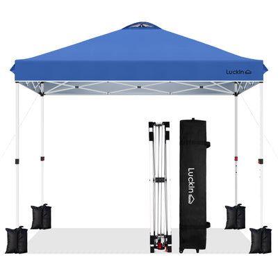 LuckIn 10×10 Pop Up Canopy Tent, Patented One Push Instant Canopy with Wheeled Carry Bag, Heavy Duty Shade Tent for Outdoor, Includes 150D Silver Coated Cover, 8 Stakes, 4 Ropes, 4 Weight Bags, Blue