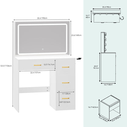 YITAHOME Makeup Vanity Table Set with Cushioned Stool, Large LED Mirror with 3 Color Lighting Modes, Power Outlets, and 4 Drawers