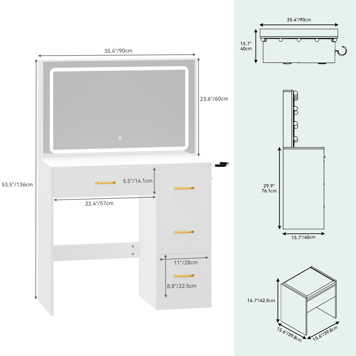 YITAHOME Makeup Vanity Table Set with Cushioned Stool, Large LED Mirror with 3 Color Lighting Modes, Power Outlets, and 4 Drawers YITAHOME