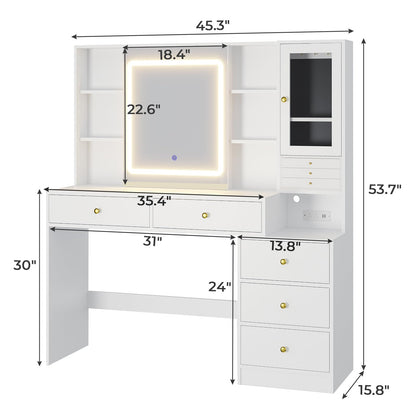 BTHFST Makeup Vanity with Charging Station & 3-Layer Jewelry Box, Vanity Desk with Sliding Mirror and Lights, Vanity Table with 8 Necklace Hooks & 5 Drawers & Shelves, White - WoodArtSupply