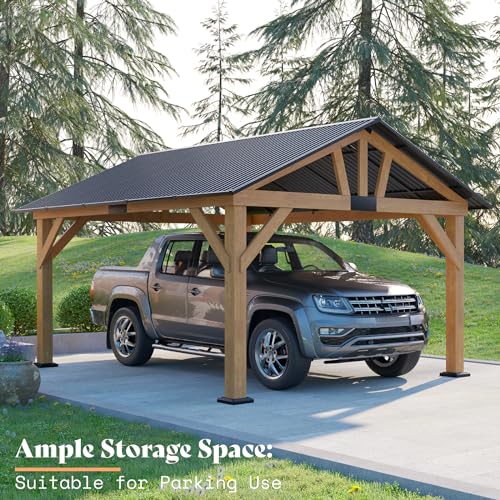 AMERLIFE 13x15 ft Wood Gazebo, Hardtop Gazebo with Metal Steel Gable Roof, Outdoor Gazebo with Bar Storage Space for Garden, Patio, Garage, Black + Natural Wood AMERLIFE