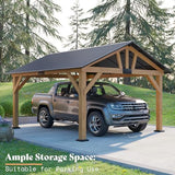 AMERLIFE 13x15 ft Wood Gazebo, Hardtop Gazebo with Metal Steel Gable Roof, Outdoor Gazebo with Bar Storage Space for Garden, Patio, Garage, Black + Natural Wood AMERLIFE