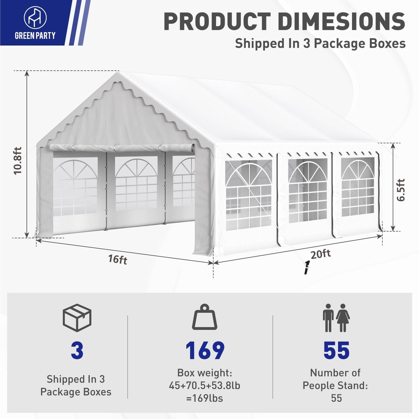 GREEN PARTY 16x20FT Party Tent Heavy Duty, Large Wedding Event Shelters with 3 Carry Bags & Removable Sidewalls, Outdoor Canopy Gazebo Commercial Tent for Carport Camping Garden Patio