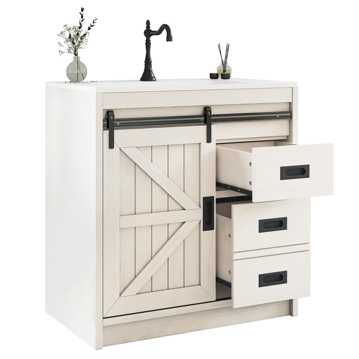 LUXOAK 31" Farmhouse Sliding Barn Door Bathroom Vanity with Sink Combo, Bathroom Vanity Cabinet with Drawers & Metal Handles, Freestanding, Distressed White LUXOAK