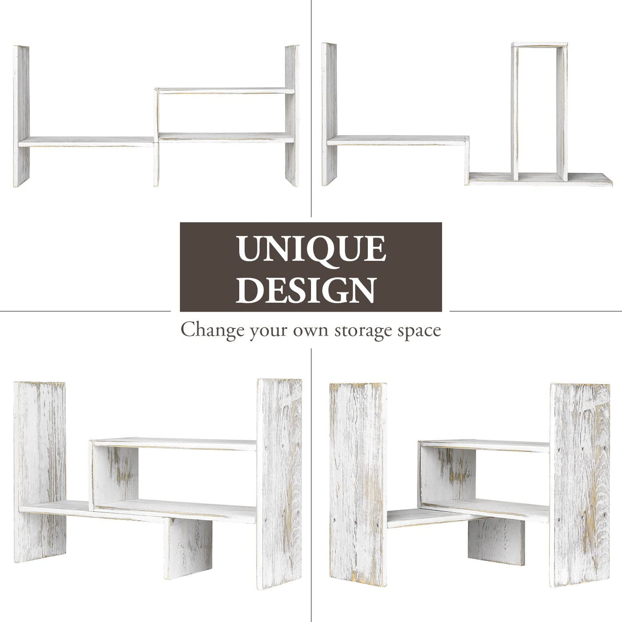 MyGift Adjustable Whitewashed Solid Wood Desktop Storage Organizer Display Shelf Book Rack, Office Desk Bookshelf MyGift