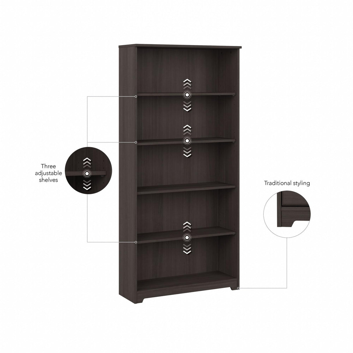Bush Furniture Cabot Tall 5 Shelf Bookcase | Large Open Bookshelf in Heather Gray | Sturdy Display Cabinet for Library, Living Room, and Home Office Bush Furniture