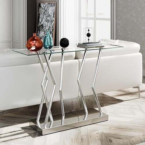 BECHAEO Tempered Glass Console Table for Entryway, 43.3" Modern Console Table with Chromed Legs, Silver Sofa Table for Living Room Hallway Entryway BECHAEO