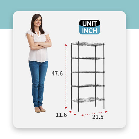 Adjustable NSF-Certified Metal Shelf Wire Shelving Unit Storage for Small Places Restaurant Garage Pantry Kitchen Garage Rack (Black, 21.5L x 11.6W x 47.6H) BestOffice