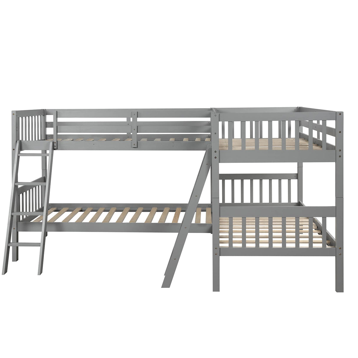 L-Shaped Bunk Bed Twin Over Twin, Quad Bunk Bed with Guardrail and Angle Ladder, Wood Twin Bunk Beds for 4, Corner Bunk Beds for Kids, Teens, Adults, No Box Spring Needed (Twin, 4 Beds, Grey) Harper & Bright Designs