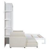 HABITRIO Queen Size Murphy Bed, Wooden Queen Murphy Bed Frame with Shelves, Wall Bed with L-Shape Sofa, White HABITRIO