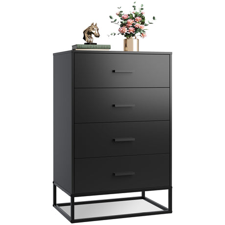 WLIVE Wood Dresser for Bedroom with 4 Drawers, Nightstand, Chest of Drawers, Tall Dresser Drawers with Sturdy Metal Frame for Hallway, Living Room, Closet, Black WLIVE
