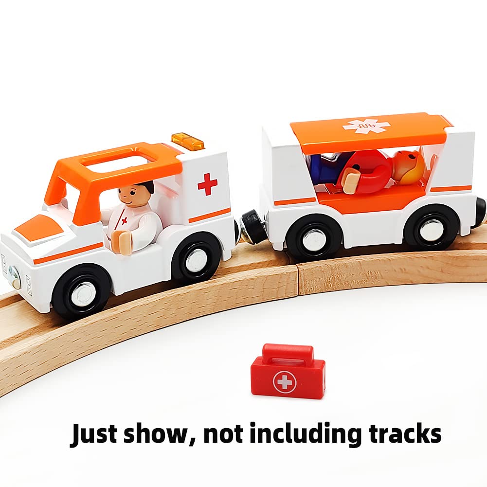 Magnetic Trains Cars Playset Wooden Train Track Accessories Station Wagon Train Set for Toddlers 3-5 Wooden Train Sets for Boys Girls Ages 3-4-7 (Ambulance B (with Light and Sound)) DSHMIXIA