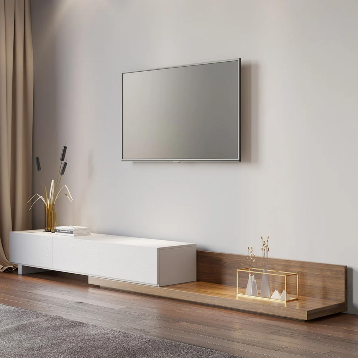 homary Wood Extendable TV Stand Rectangle Entertainment Center with Shelves & Drawers White & Walnut Media Console for Living Room Bedroom homary