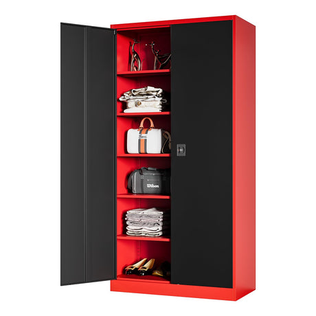 MIIIKO Metal Storage Cabinet with Locking Doors, 72" Tall Steel Cabinets with 5 Shelves, Red Garage Storage Cabinet Heavy Duty, 18" Deep Locker Cabinet for Office Pantry Workshops MIIIKO