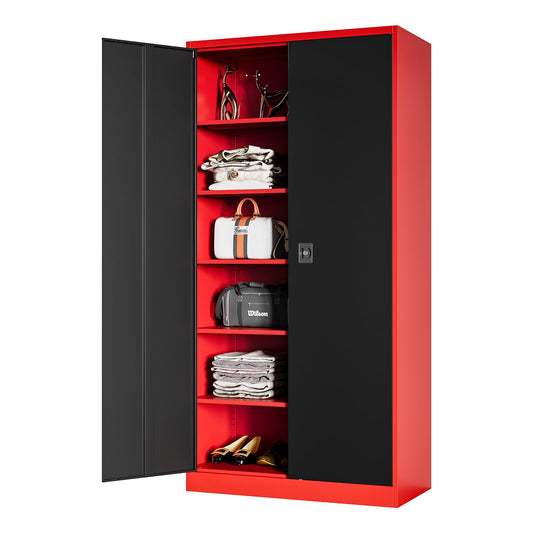 MIIIKO Metal Storage Cabinet with Locking Doors, 72" Tall Steel Cabinets with 5 Shelves, Red Garage Storage Cabinet Heavy Duty, 18" Deep Locker Cabinet for Office Pantry Workshops