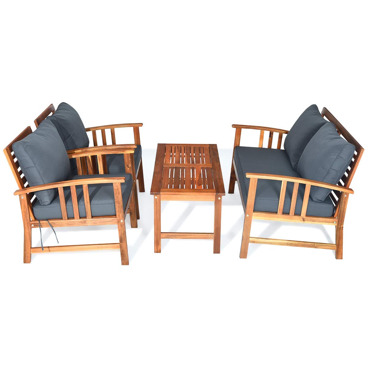 Tangkula 4 PCS Acacia Wood Patio Furniture Set, Outdoor Seating Chat Set with Gray Cushions & Back Pillow, Outdoor Conversation Set with Coffee Table, Ideal for Garden, Backyard, Poolside Tangkula