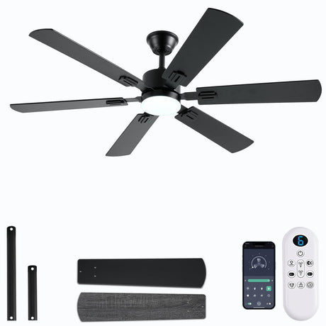 FUMLTP 56inch Black Ceiling Fans with Lights and Remote/App Control, Dimmable LED, Reversible DC Motor, Noiseless, 6 Double-Side blades, 6 Speeds Low Profile Ceiling Fan for Indoor/Outdoor Use FUMLTP