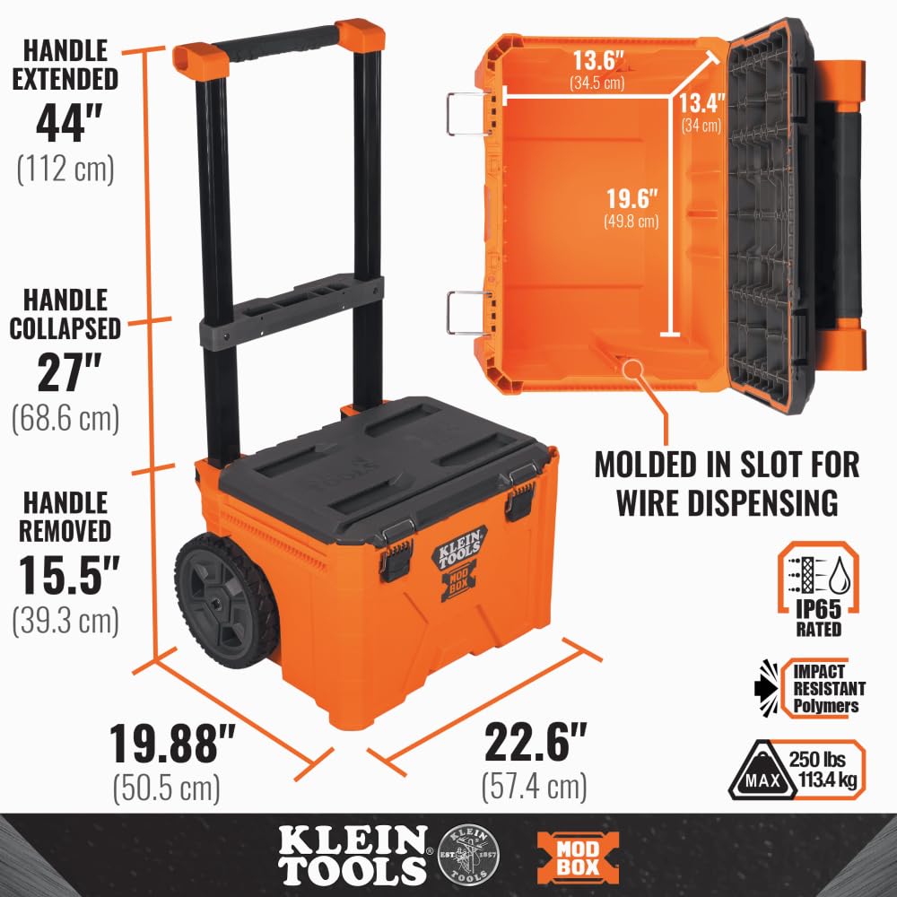 Klein Tools 54802MB MODbox Rolling Toolbox, Modular Tool Storage System with Side Mounting, 10-Inch Rubber Wheels, Removable Handle Klein Tools