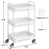 YASONIC Metal 3 Tier Rolling Cart - Heavy Duty Utility Cart with Lockable Wheels, Hanging Cups, Hooks, Mesh Rolling Storage Cart Craft Cart Organizer, Lightweight and Sturdy, White YASONIC